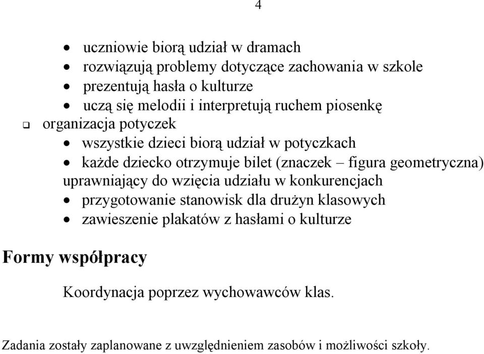 figura geometryczna) uprawniający do wzięcia udziału w konkurencjach przygotowanie stanowisk dla drużyn klasowych zawieszenie plakatów z