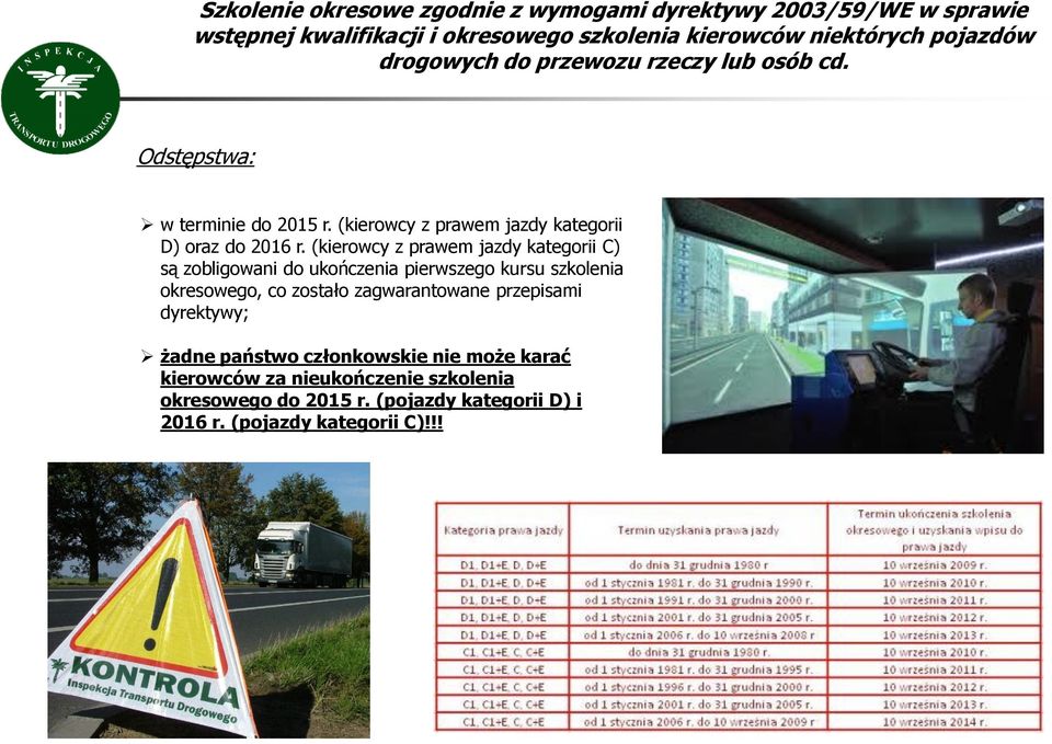 (kierowcy z prawem jazdy kategorii C) są zobligowani do ukończenia pierwszego kursu szkolenia okresowego, co zostało zagwarantowane przepisami