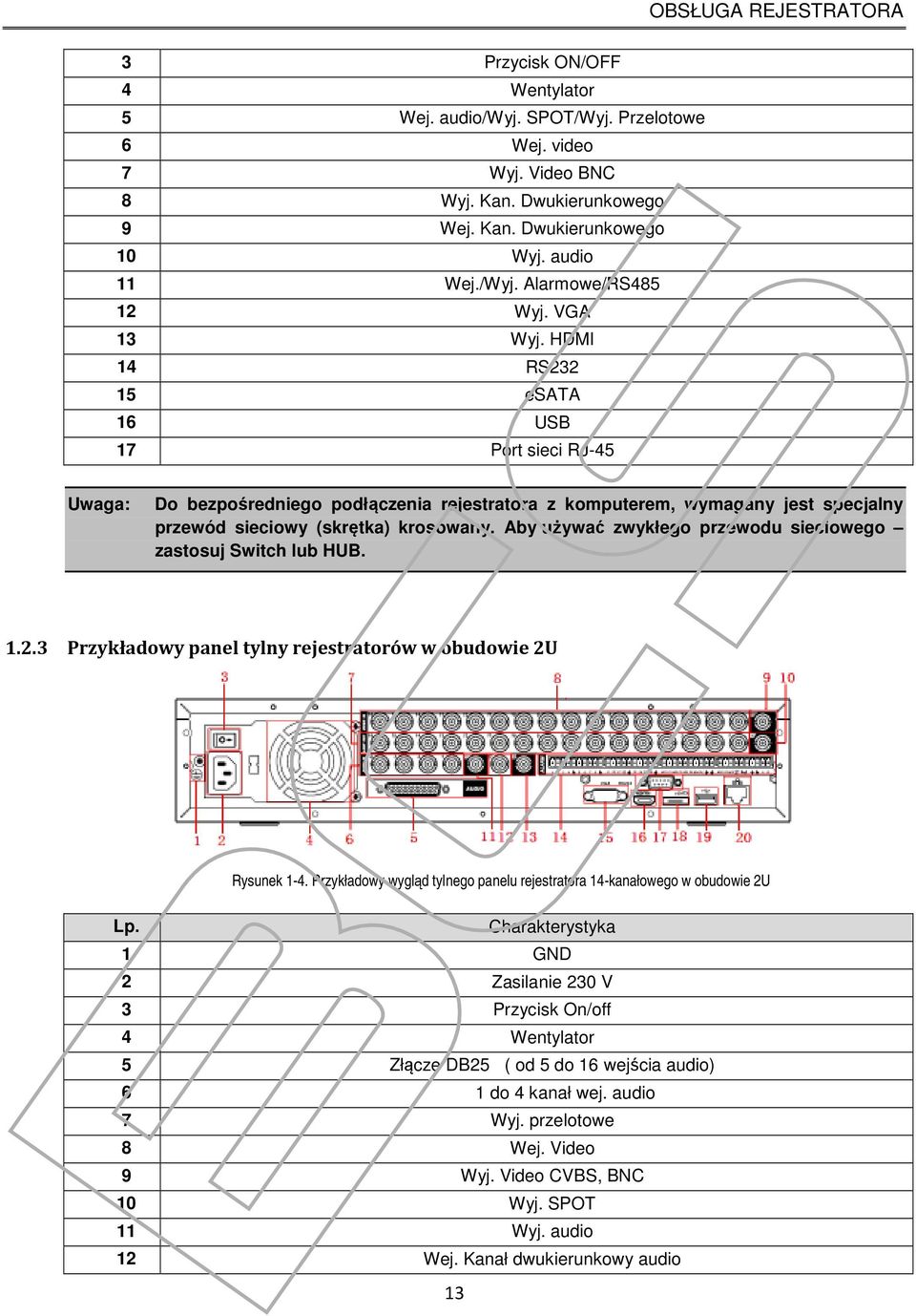 HDMI 14 RS232 15 esata 16 USB 17 Port sieci RJ-45 Uwaga: Do bezpośredniego podłączenia rejestratora z komputerem, wymagany jest specjalny przewód sieciowy (skrętka) krosowany.