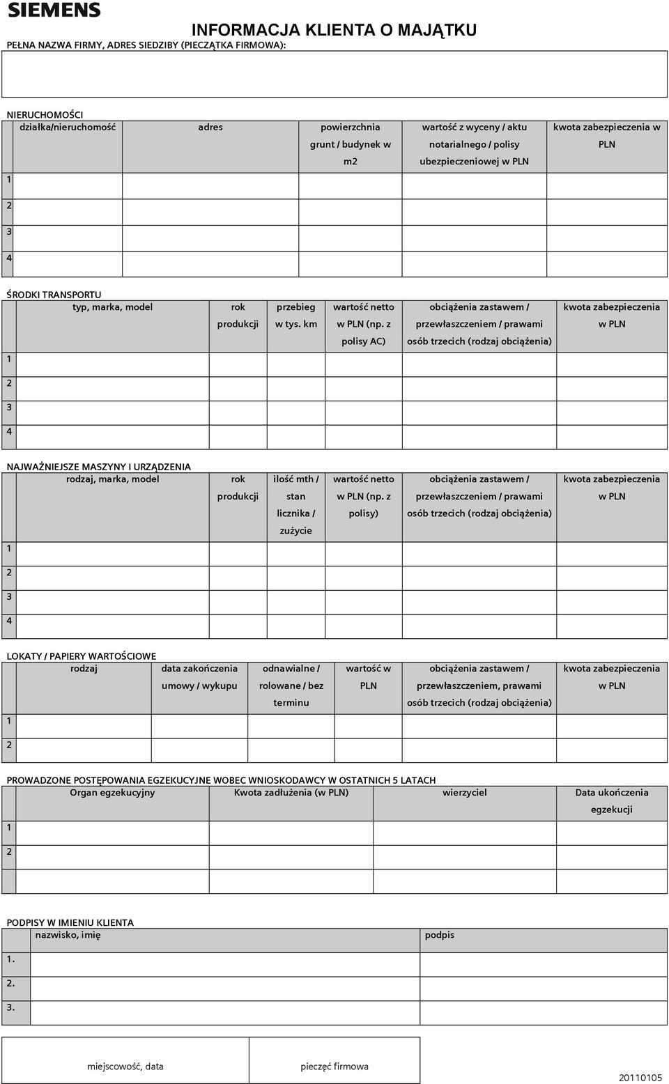 z przewłaszczeniem / prawami w PLN polisy AC) osób trzecich (rodzaj obciążenia) NAJWAŻNIEJSZE MASZYNY I URZĄDZENIA rodzaj, marka, model rok ilość mth / wartość netto obciążenia zastawem / kwota