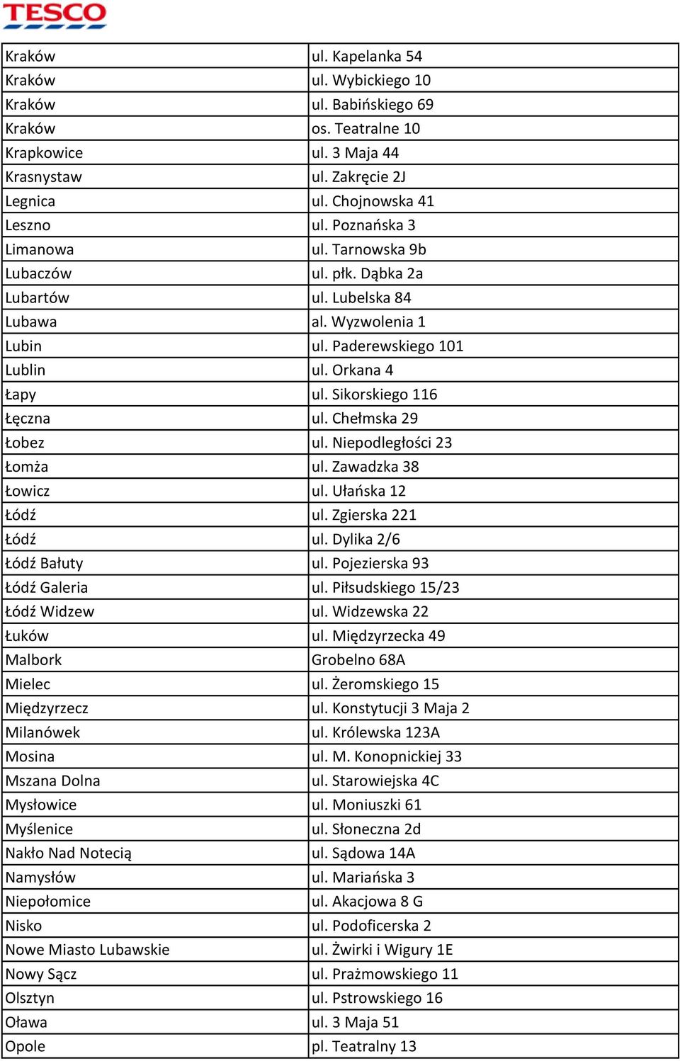 Chełmska 29 Łobez ul. Niepodległości 23 Łomża ul. Zawadzka 38 Łowicz ul. Ułańska 12 Łódź ul. Zgierska 221 Łódź ul. Dylika 2/6 Łódź Bałuty ul. Pojezierska 93 Łódź Galeria ul.