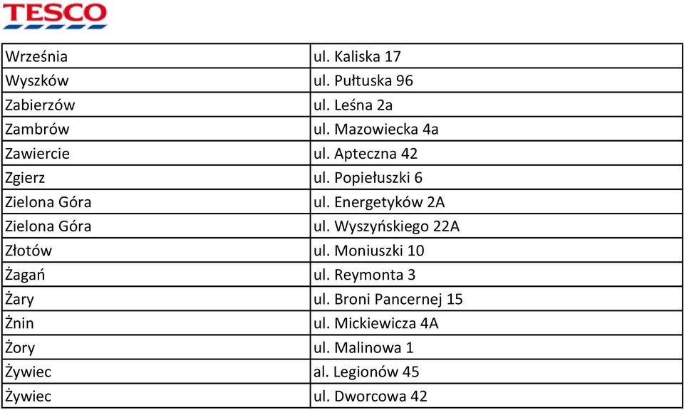 Energetyków 2A Zielona Góra ul. Wyszyńskiego 22A Złotów ul. Moniuszki 10 Żagań ul.