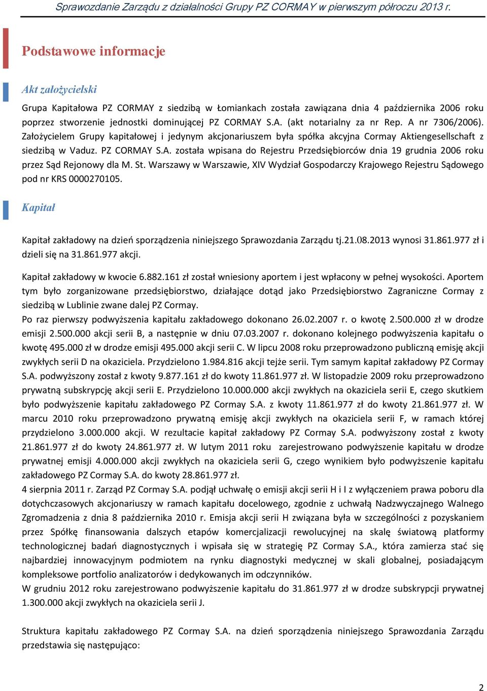 St. Warszawy w Warszawie, XIV Wydział Gospodarczy Krajowego Rejestru Sądowego pod nr KRS 0000270105. Kapitał Kapitał zakładowy na dzień sporządzenia niniejszego Sprawozdania Zarządu tj.21.08.