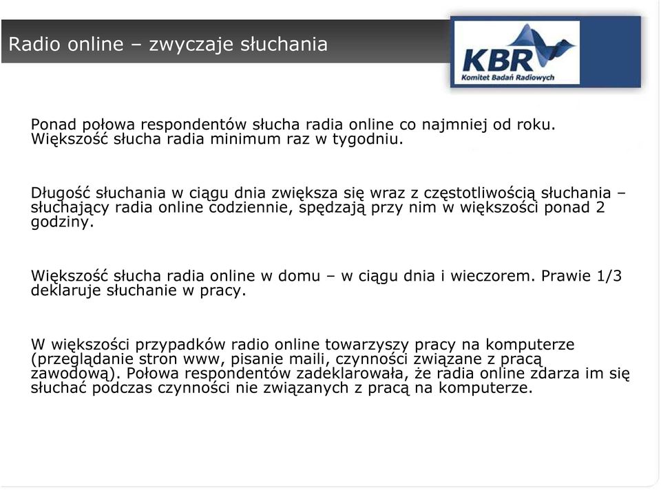 Większość słucha radia online w domu w ciągu dnia i wieczorem. Prawie 1/3 deklaruje słuchanie w pracy.