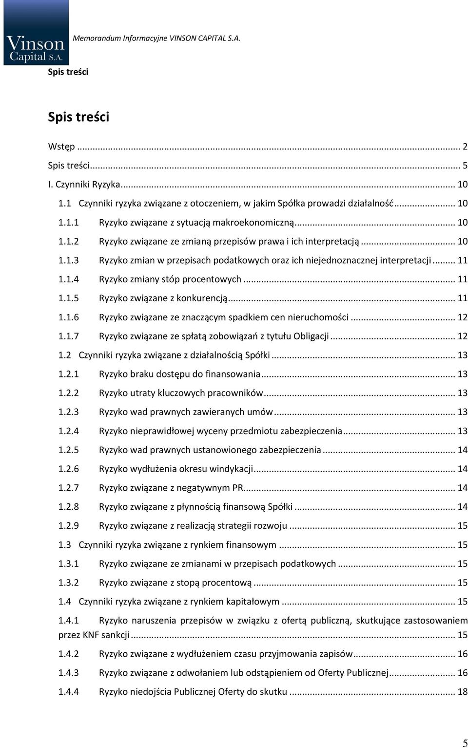 .. 11 1.1.5 Ryzyko związane z konkurencją... 11 1.1.6 Ryzyko związane ze znaczącym spadkiem cen nieruchomości... 12 1.1.7 Ryzyko związane ze spłatą zobowiązań z tytułu Obligacji... 12 1.2 Czynniki ryzyka związane z działalnością Spółki.