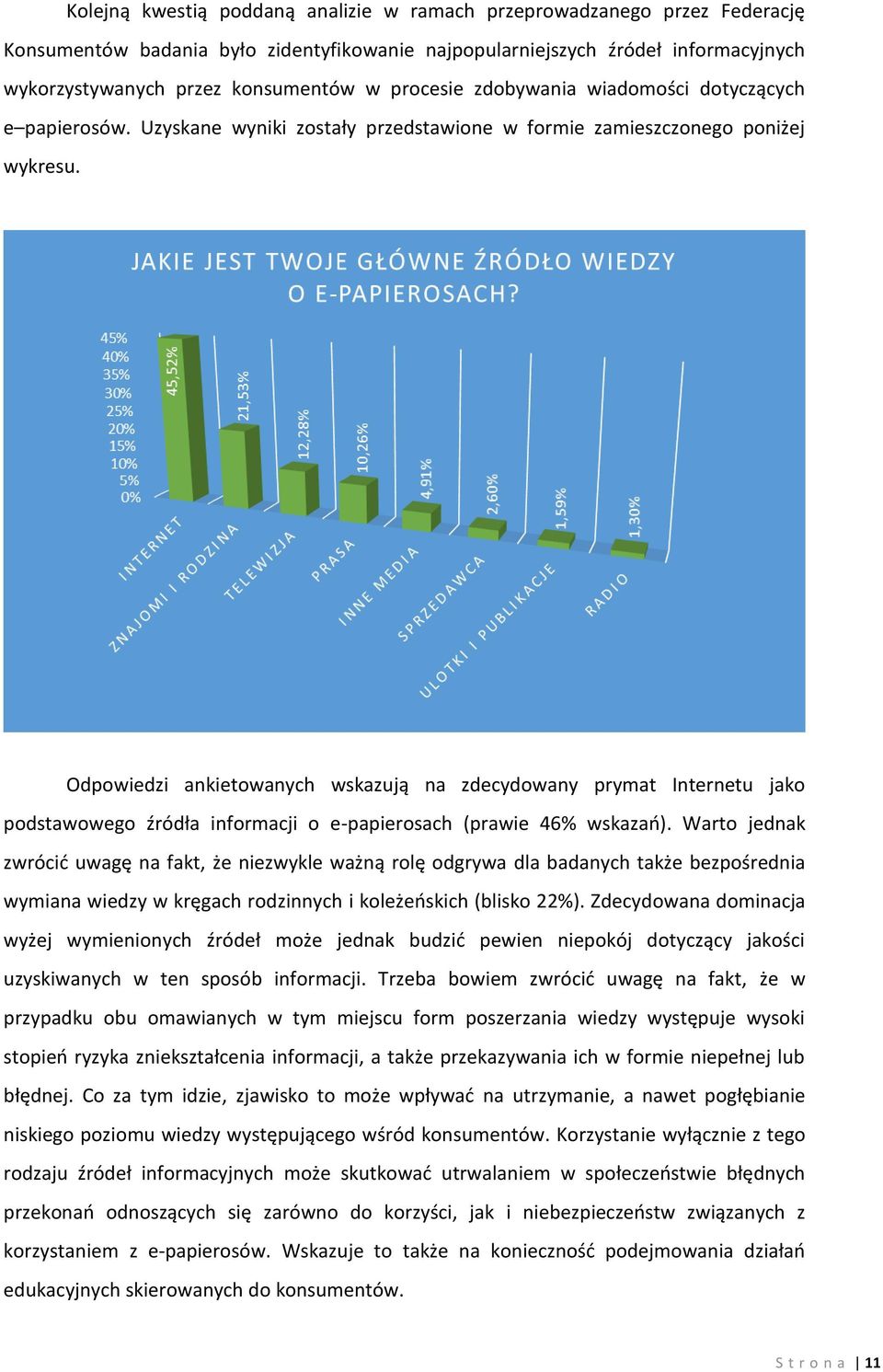 Odpowiedzi ankietowanych wskazują na zdecydowany prymat Internetu jako podstawowego źródła informacji o e-papierosach (prawie 46% wskazań).