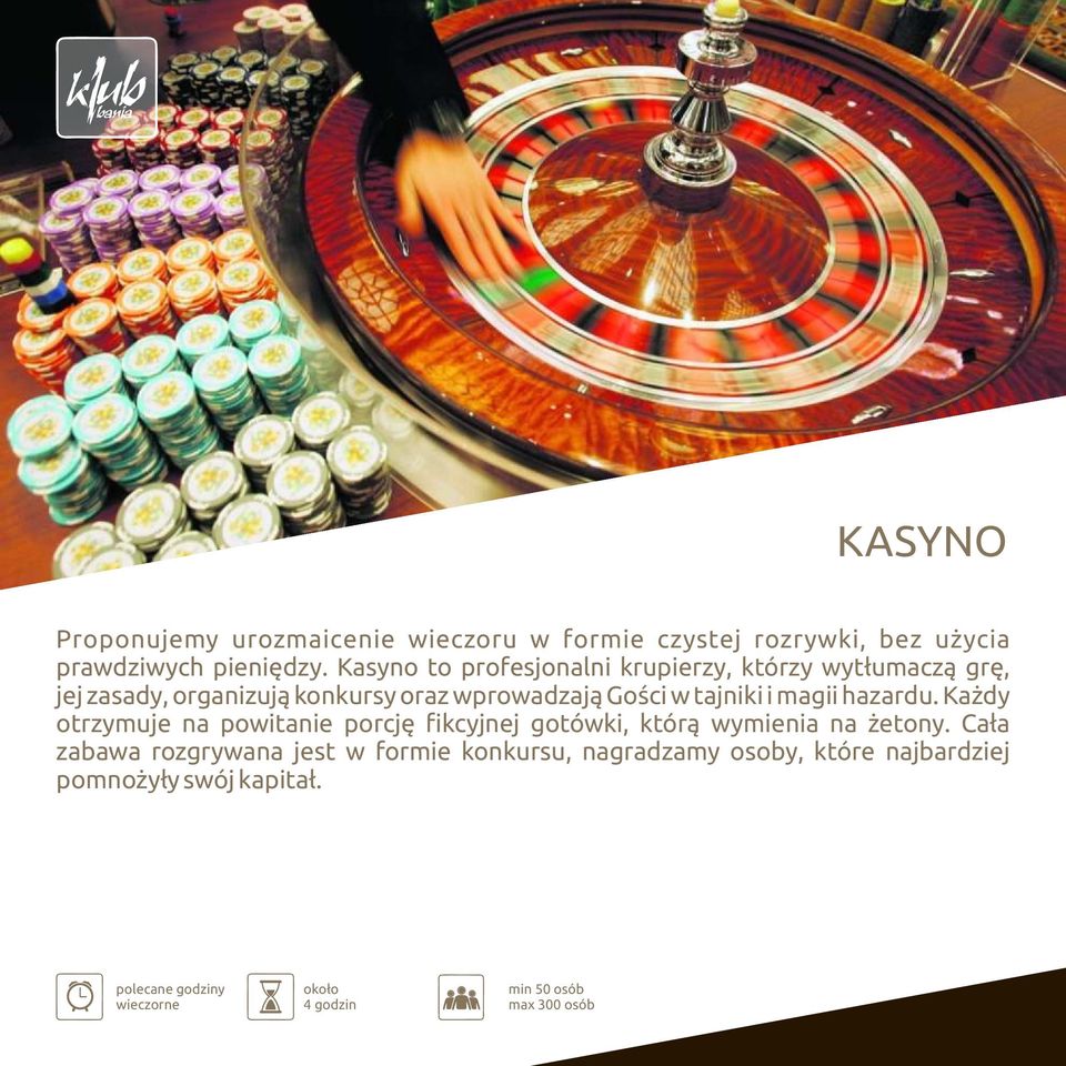i magii hazardu. Każdy otrzymuje na powitanie porcję fikcyjnej gotówki, którą wymienia na żetony.