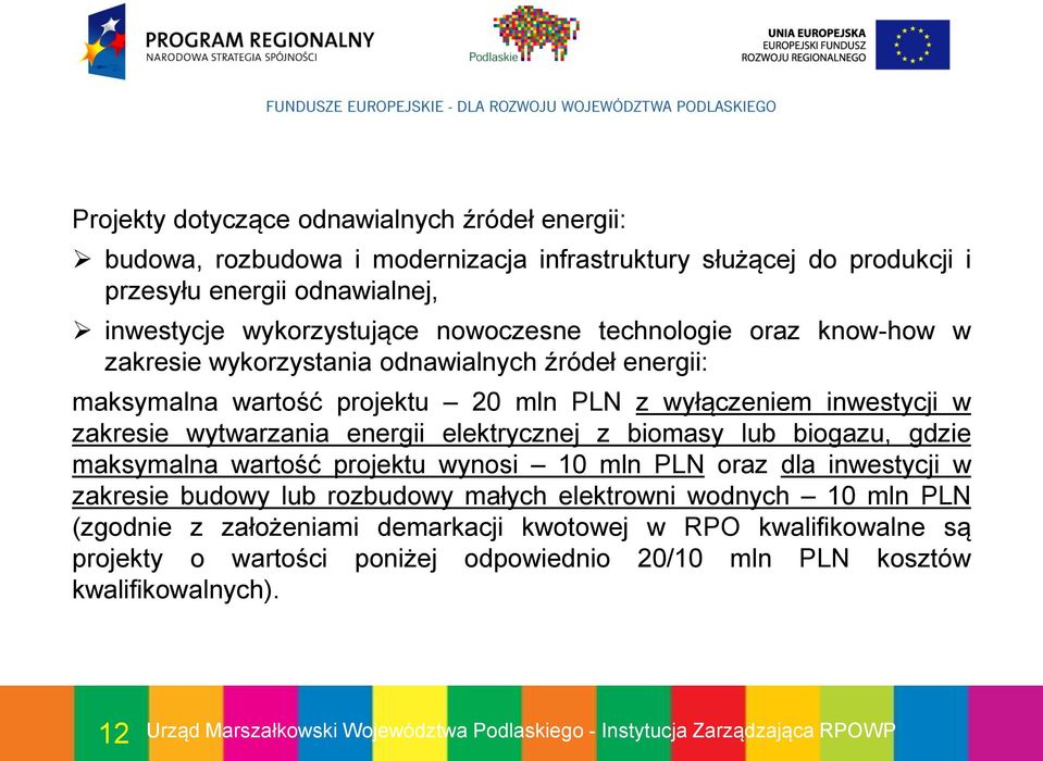 zakresie wytwarzania energii elektrycznej z biomasy lub biogazu, gdzie maksymalna wartość projektu wynosi 10 mln PLN oraz dla inwestycji w zakresie budowy lub rozbudowy