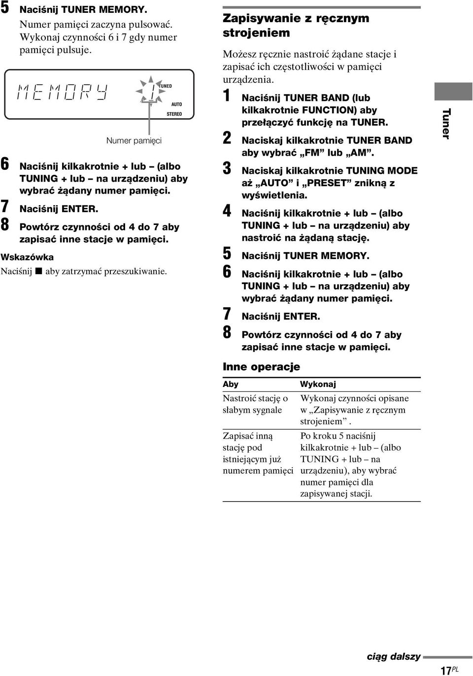 Wskazówka Naciśnij x aby zatrzymać przeszukiwanie. Zapisywanie z ręcznym strojeniem Możesz ręcznie nastroić żądane stacje i zapisać ich częstotliwości w pamięci urządzenia.