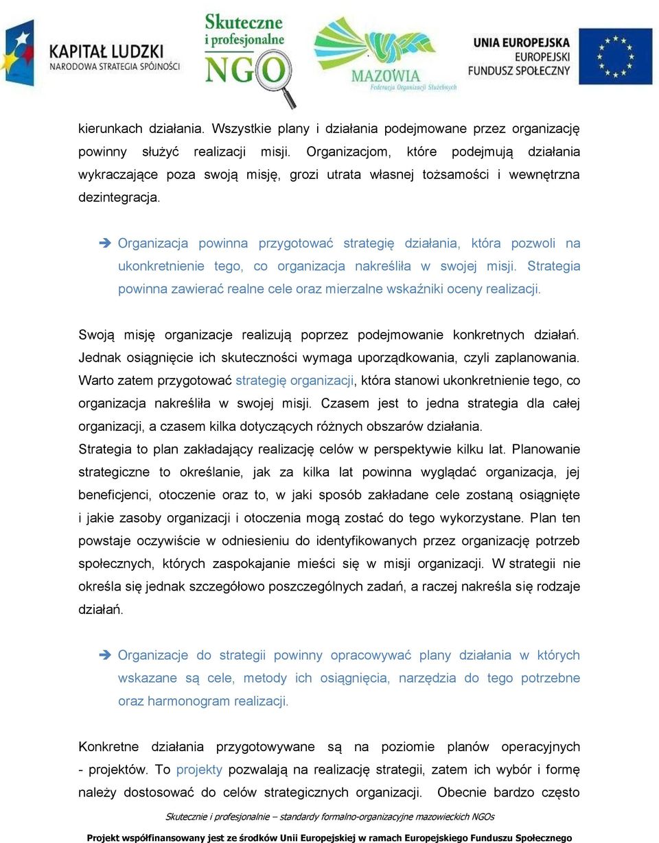 Organizacja powinna przygotować strategię działania, która pozwoli na ukonkretnienie tego, co organizacja nakreśliła w swojej misji.