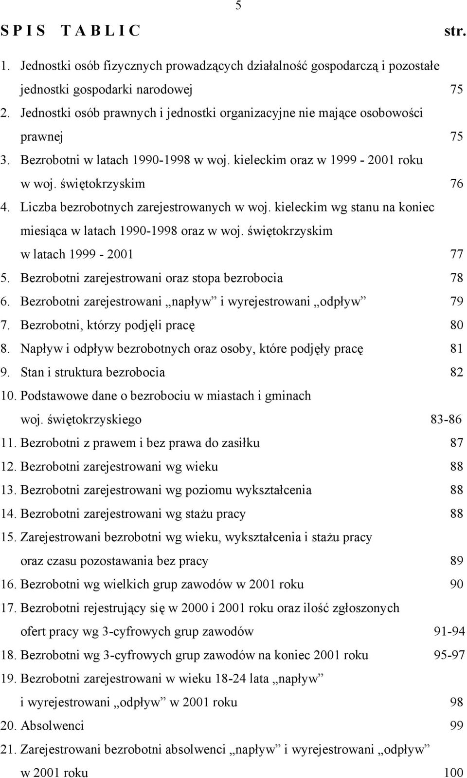 Liczba bezrobotnych zarejestrowanych w woj. kieleckim wg stanu na koniec miesiąca w latach 1990-1998 oraz w woj. świętokrzyskim w latach 1999-2001 77 5.