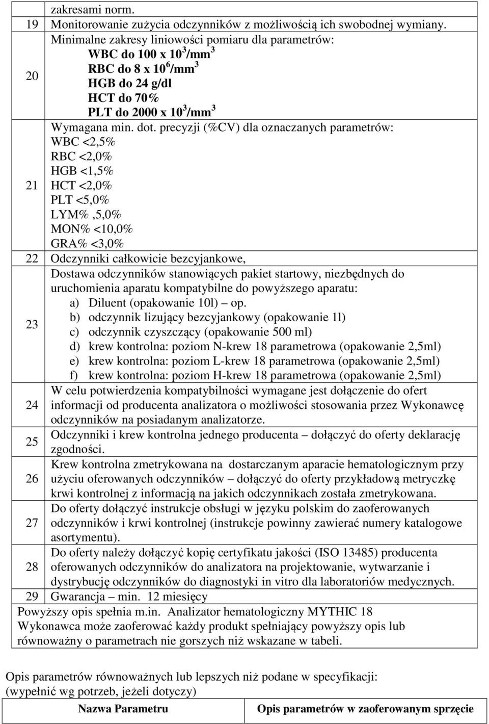 precyzji (%CV) dla oznaczanych parametrów: WBC <2,5% RBC <2,0% HGB <1,5% 21 HCT <2,0% PLT <5,0% LYM%,5,0% MON% <10,0% GRA% <3,0% 22 Odczynniki całkowicie bezcyjankowe, Dostawa odczynników