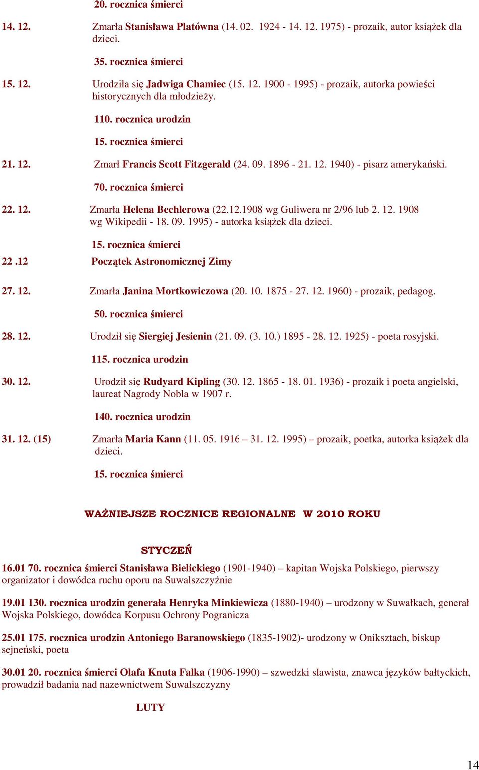 12. 1908 wg Wikipedii - 18. 09. 1995) - autorka książek dla dzieci. 15. rocznica śmierci 22.12 Początek Astronomicznej Zimy 27. 12. Zmarła Janina Mortkowiczowa (20. 10. 1875-27. 12. 1960) - prozaik, pedagog.