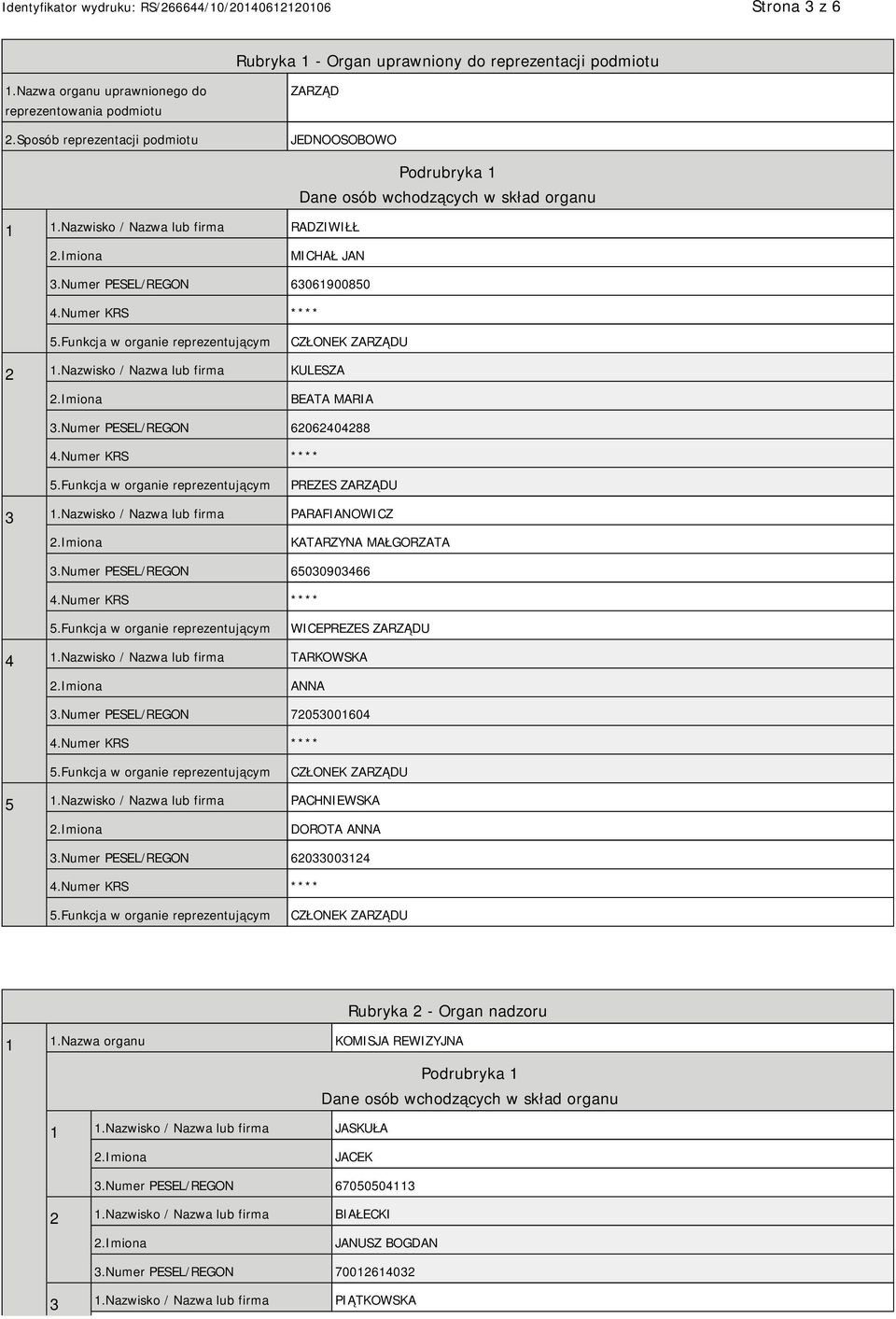 Numer PESEL/REGON 62062404288 PREZES ZARZĄDU 3 1.Nazwisko / Nazwa lub firma PARAFIANOWICZ KATARZYNA MAŁGORZATA 3.Numer PESEL/REGON 65030903466 WICEPREZES ZARZĄDU 4 1.