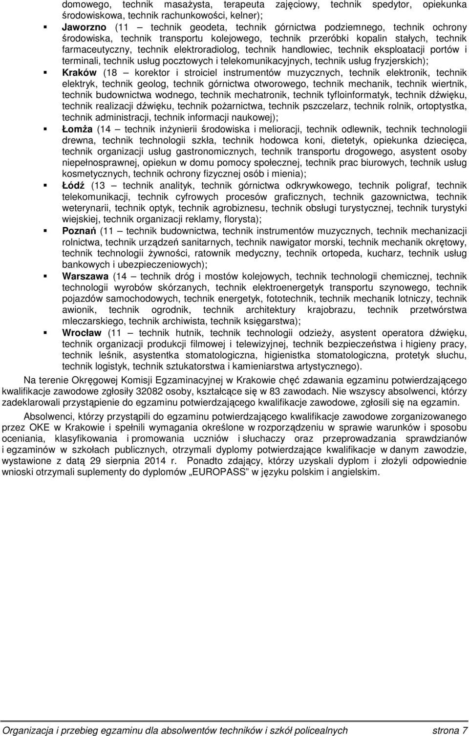technik usług pocztowych i telekomunikacyjnych, technik usług fryzjerskich); Kraków (18 korektor i stroiciel instrumentów muzycznych, technik elektronik, technik elektryk, technik geolog, technik