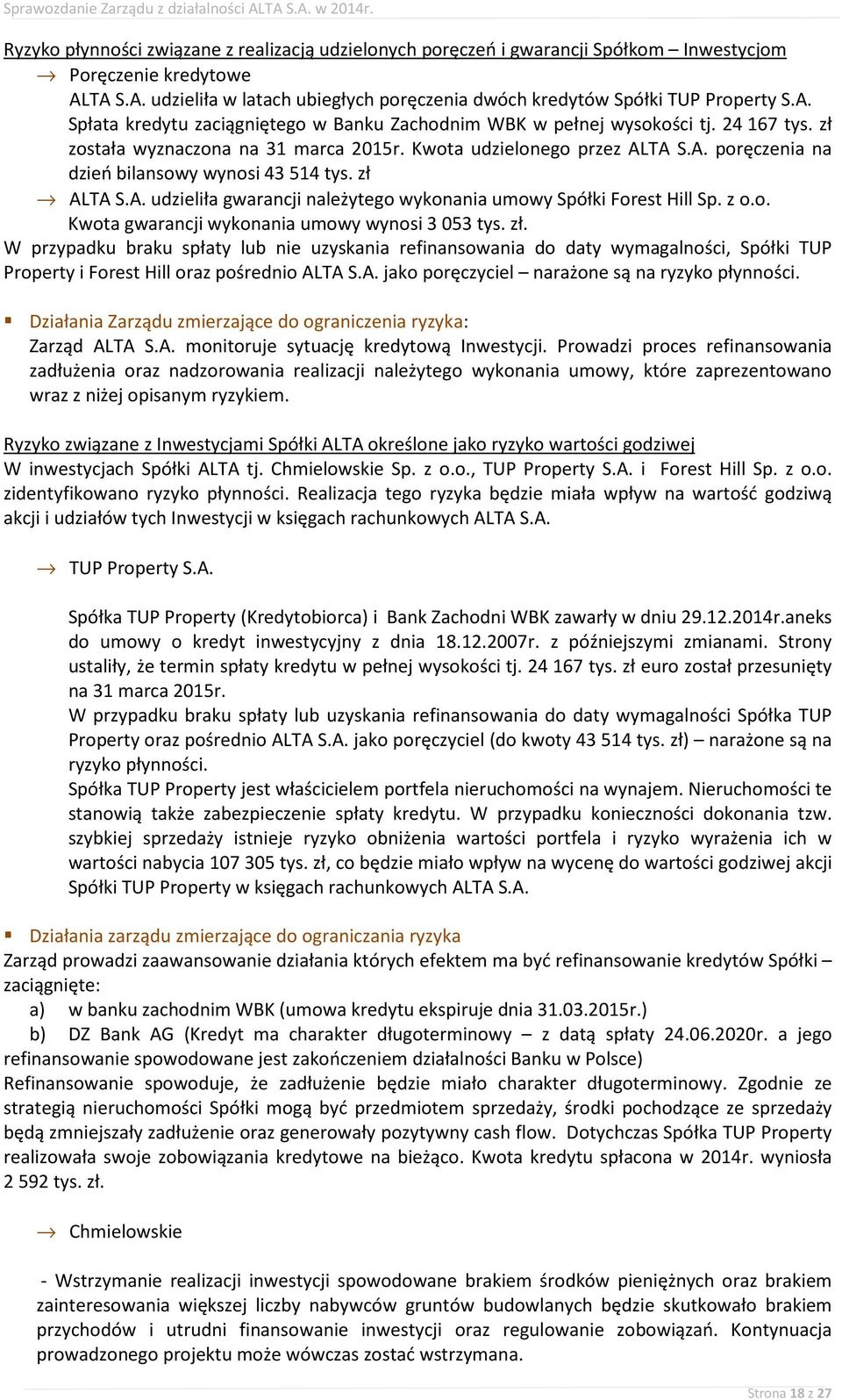 zł ALTA S.A. udzieliła gwarancji należytego wykonania umowy Spółki Forest Hill Sp. z o.o. Kwota gwarancji wykonania umowy wynosi 3 053 tys. zł.
