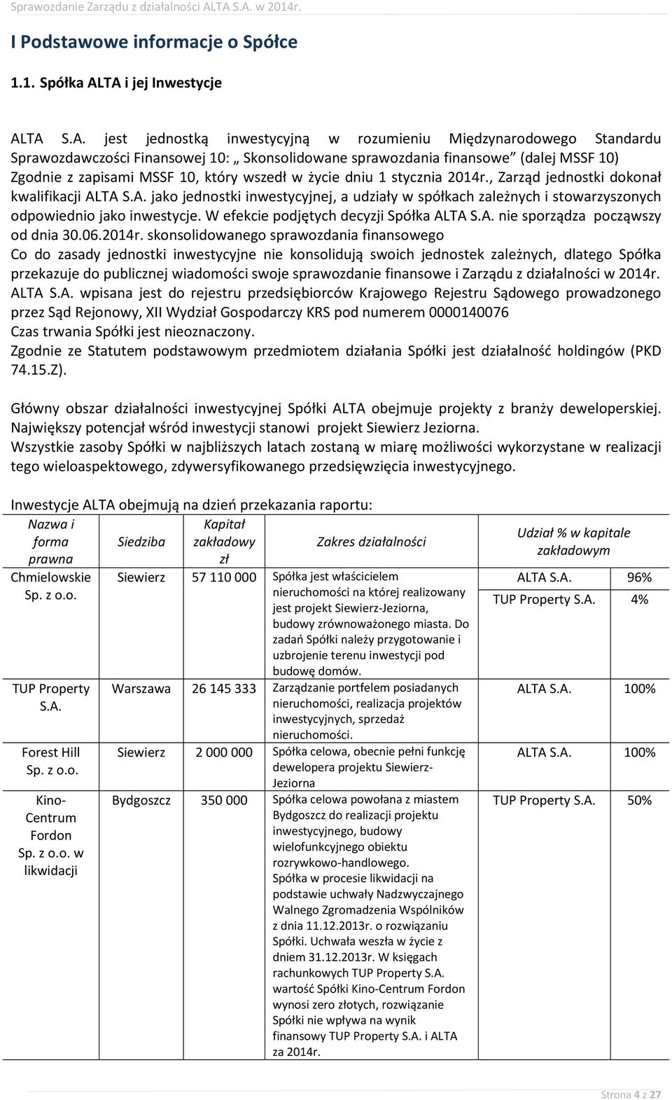 zapisami MSSF 10, który wszedł w życie dniu 1 stycznia 2014r., Zarząd jednostki dokonał kwalifikacji AL