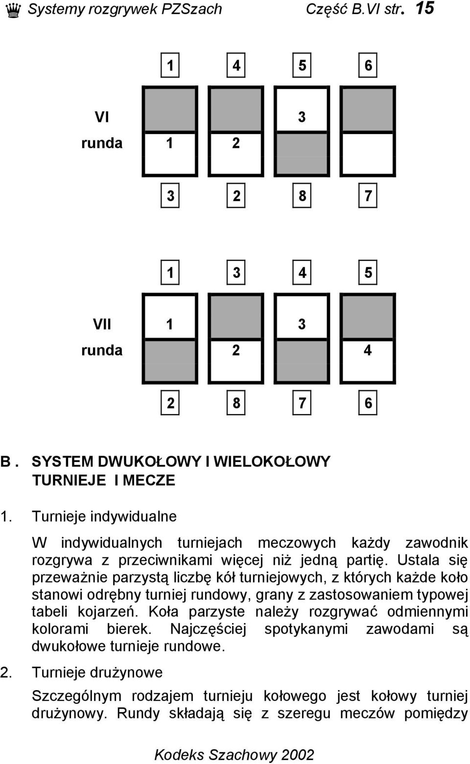 Ustala się przeważnie parzystą liczbę kół turniejowych, z których każde koło stanowi odrębny turniej rundowy, grany z zastosowaniem typowej tabeli kojarzeń.
