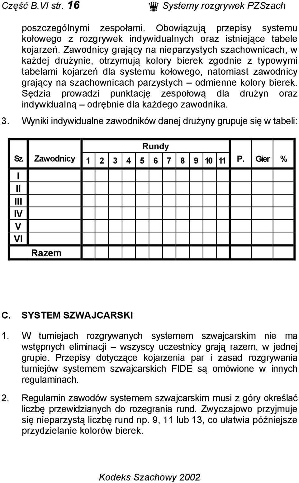 parzystych odmienne kolory bierek. Sędzia prowadzi punktację zespołową dla drużyn oraz indywidualną odrębnie dla każdego zawodnika. 3.