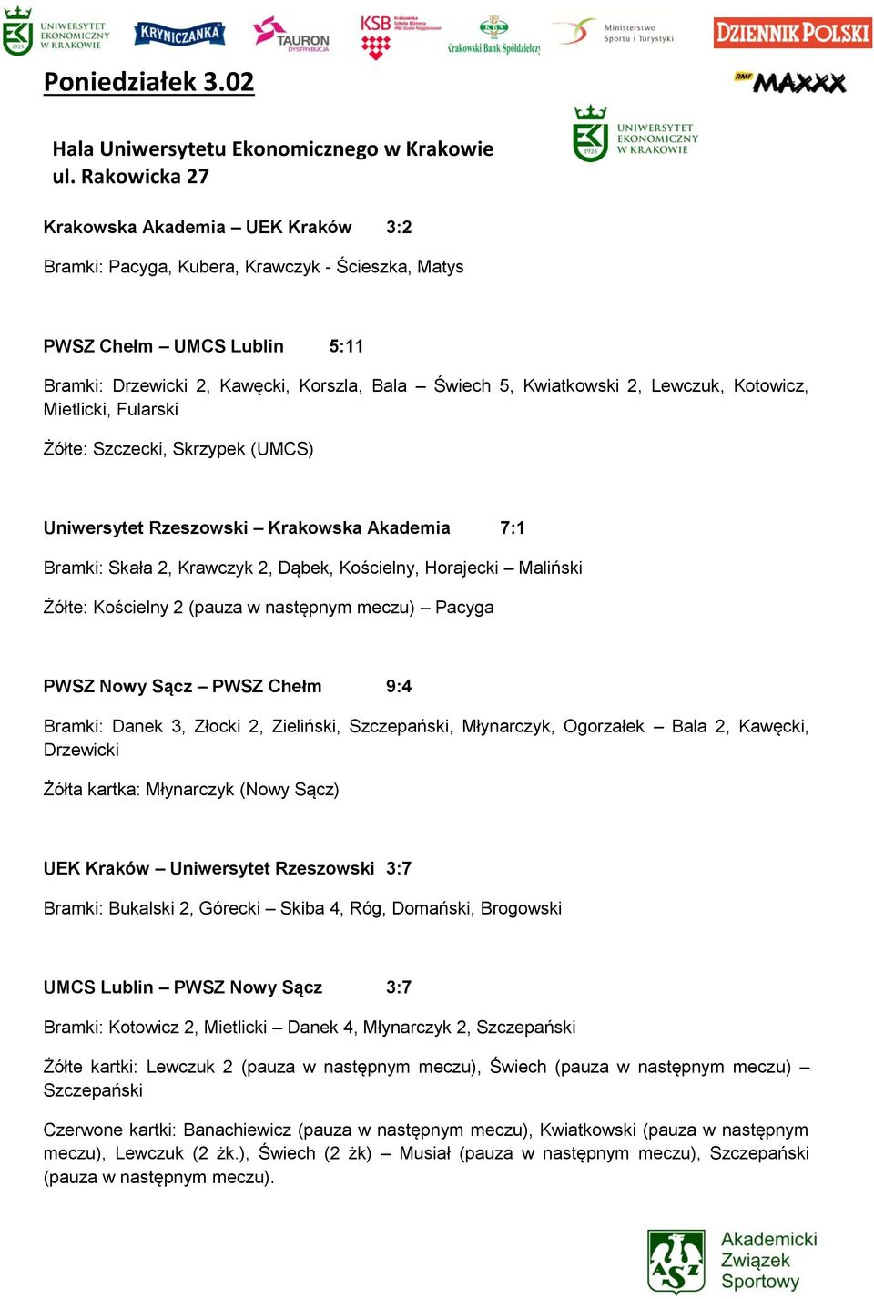 Lewczuk, Kotowicz, Mietlicki, Fularski Żółte: Szczecki, Skrzypek (UMCS) Uniwersytet Rzeszowski Krakowska Akademia 7:1 Bramki: Skała 2, Krawczyk 2, Dąbek, Kościelny, Horajecki Maliński Żółte: