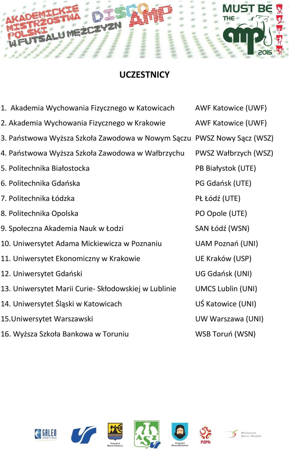 Politechnika Gdańska PG Gdańsk (UTE) 7. Politechnika Łódzka PŁ Łódź (UTE) 8. Politechnika Opolska PO Opole (UTE) 9. Społeczna Akademia Nauk w Łodzi SAN Łódź (WSN) 10.