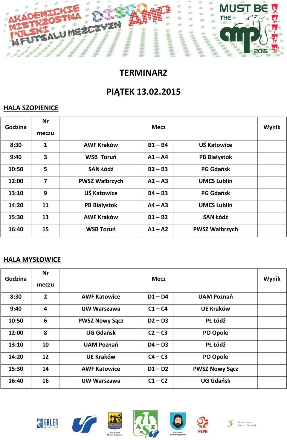 A3 UMCS Lublin 13:10 9 UŚ Katowice B4 B3 PG Gdańsk 14:20 11 PB Białystok A4 A3 UMCS Lublin 15:30 13 AWF Kraków B1 B2 SAN Łódź 16:40 15 WSB Toruń A1 A2 PWSZ Wałbrzych Wynik