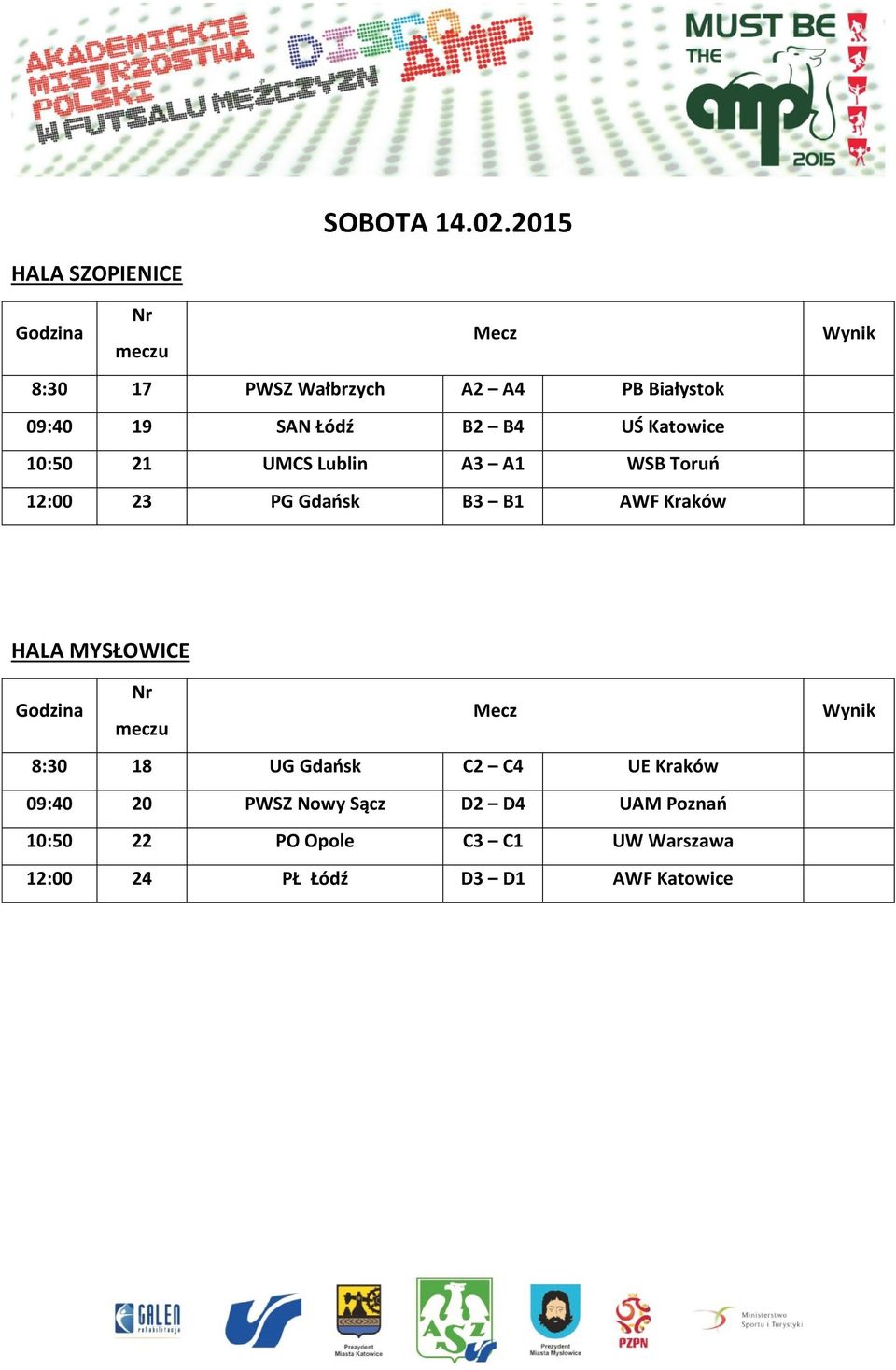 Łódź B2 B4 UŚ Katowice 10:50 21 UMCS Lublin A3 A1 WSB Toruń 12:00 23 PG Gdańsk B3 B1 AWF Kraków