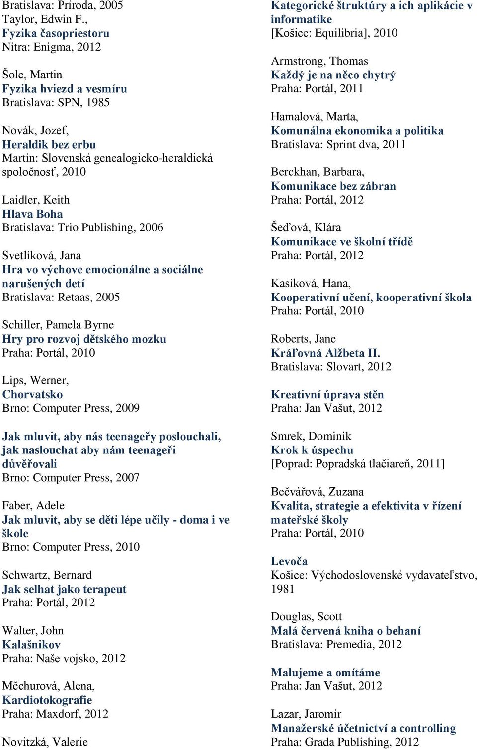 Laidler, Keith Hlava Boha Bratislava: Trio Publishing, 2006 Svetlíková, Jana Hra vo výchove emocionálne a sociálne narušených detí Bratislava: Retaas, 2005 Schiller, Pamela Byrne Hry pro rozvoj