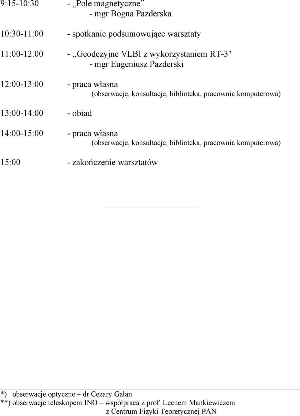 13:00-14:00 - obiad 14:00-15:00 - praca własna (obserwacje, konsultacje, biblioteka, pracownia komputerowa) 15:00 - zakończenie