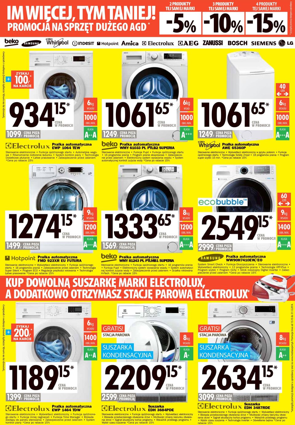 dostępne u sprzedawcy + ZYSKAJ 100, * NA KARCIE 934 15* POZA 1099, 1061 6kg 1000 + A EWP 1064 TEW Sterowanie elektroniczne Funkcja opóźnionego startu Automatyka wagowa Równomierne rozłożenie ładunku