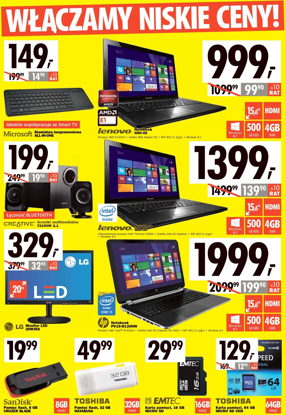 1 Notebook G50-30 Czterordzeniowy procesor Intel Pentium N3530 Grafi ka Intel HD Graphics WiFi 802.11 b/g/n 8.
