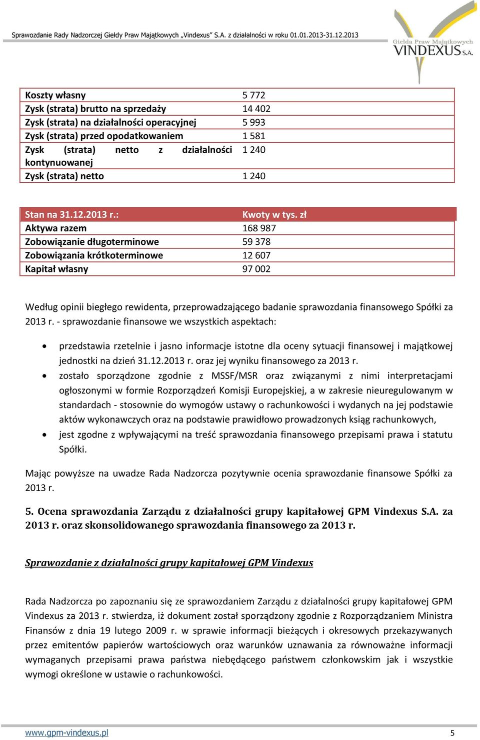 : Aktywa razem 168 987 Zobowiązanie długoterminowe 59 378 Zobowiązania krótkoterminowe 12 607 Kapitał własny 97 002 Według opinii biegłego rewidenta, przeprowadzającego badanie sprawozdania