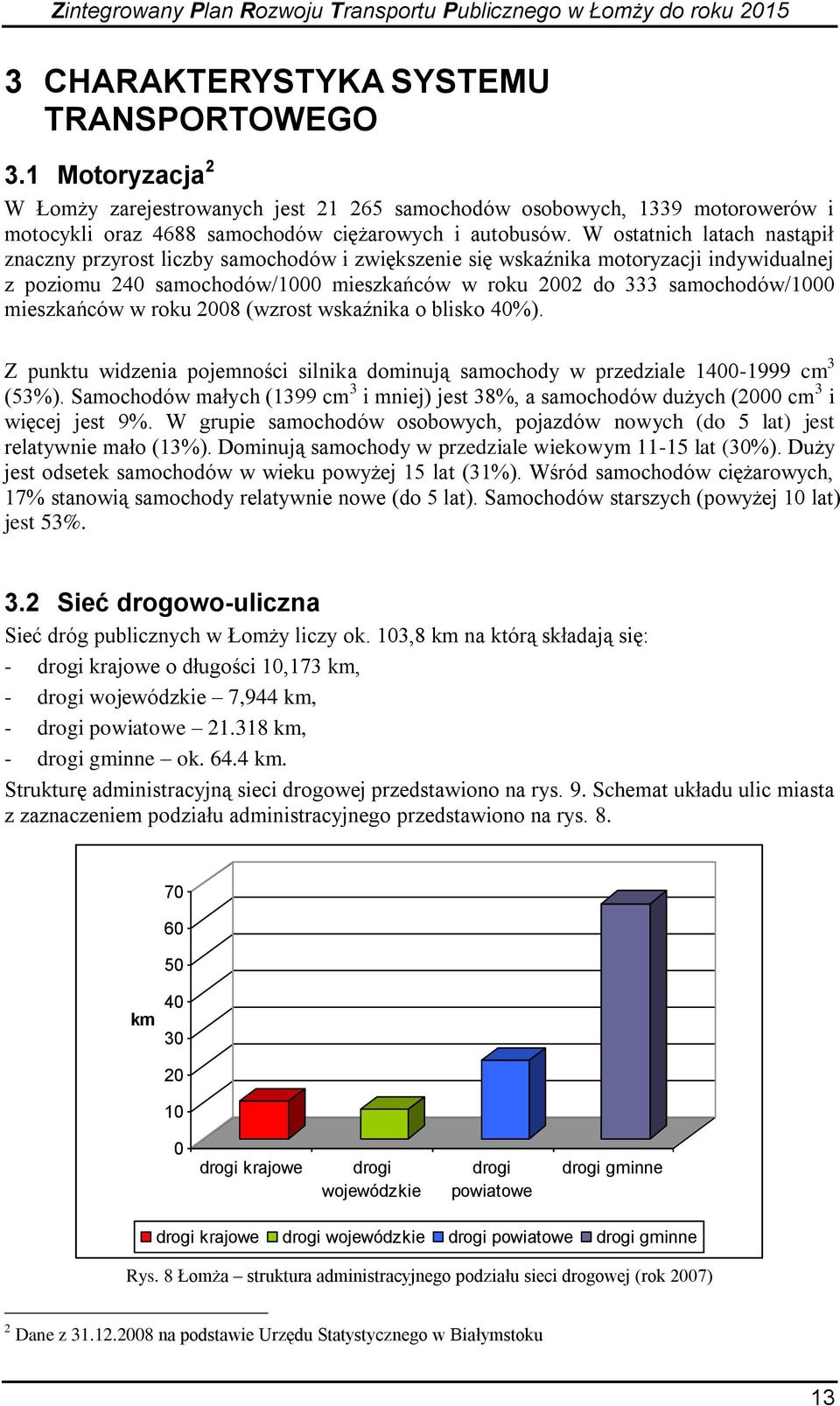 mieszkańców w roku 2008 (wzrost wskaźnika o blisko 40%). Z punktu widzenia pojemności silnika dominują samochody w przedziale 1400-1999 cm 3 (53%).