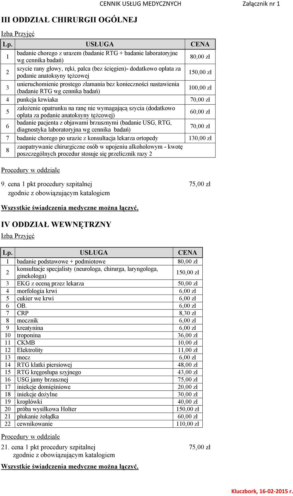 zł 5 założenie opatrunku na ranę nie wymagającą szycia (dodatkowo opłata za podanie anatoksyny tężcowej) 60,00 zł 6 badanie pacjenta z objawami brzusznymi (badanie USG, RTG, diagnostyka laboratoryjna