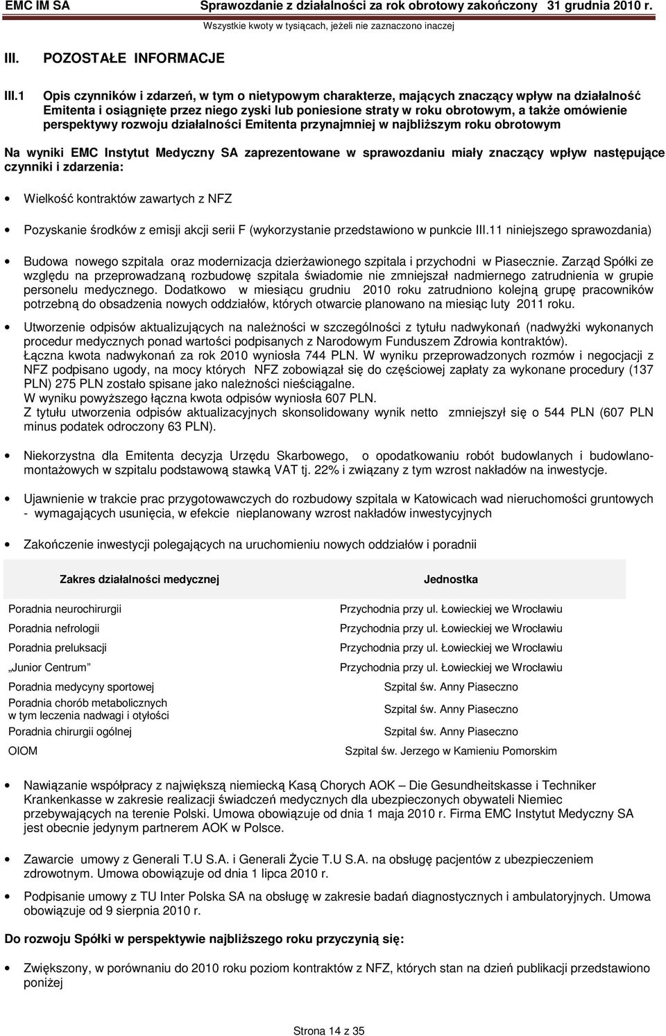 perspektywy rozwoju działalności Emitenta przynajmniej w najbliŝszym roku obrotowym Na wyniki EMC Instytut Medyczny SA zaprezentowane w sprawozdaniu miały znaczący wpływ następujące czynniki i
