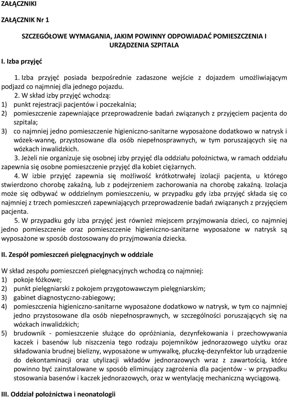 W skład izby przyjęć wchodzą: 1) punkt rejestracji pacjentów i poczekalnia; 2) pomieszczenie zapewniające przeprowadzenie badań związanych z przyjęciem pacjenta do szpitala; 3) co najmniej jedno