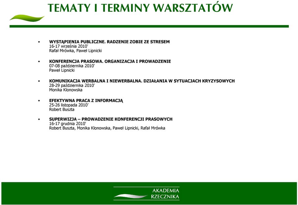 ORGANIZACJA I PROWADZENIE 07-08 października 2010 Paweł Lipnicki KOMUNIKACJA WERBALNA I NIEWERBALNA.