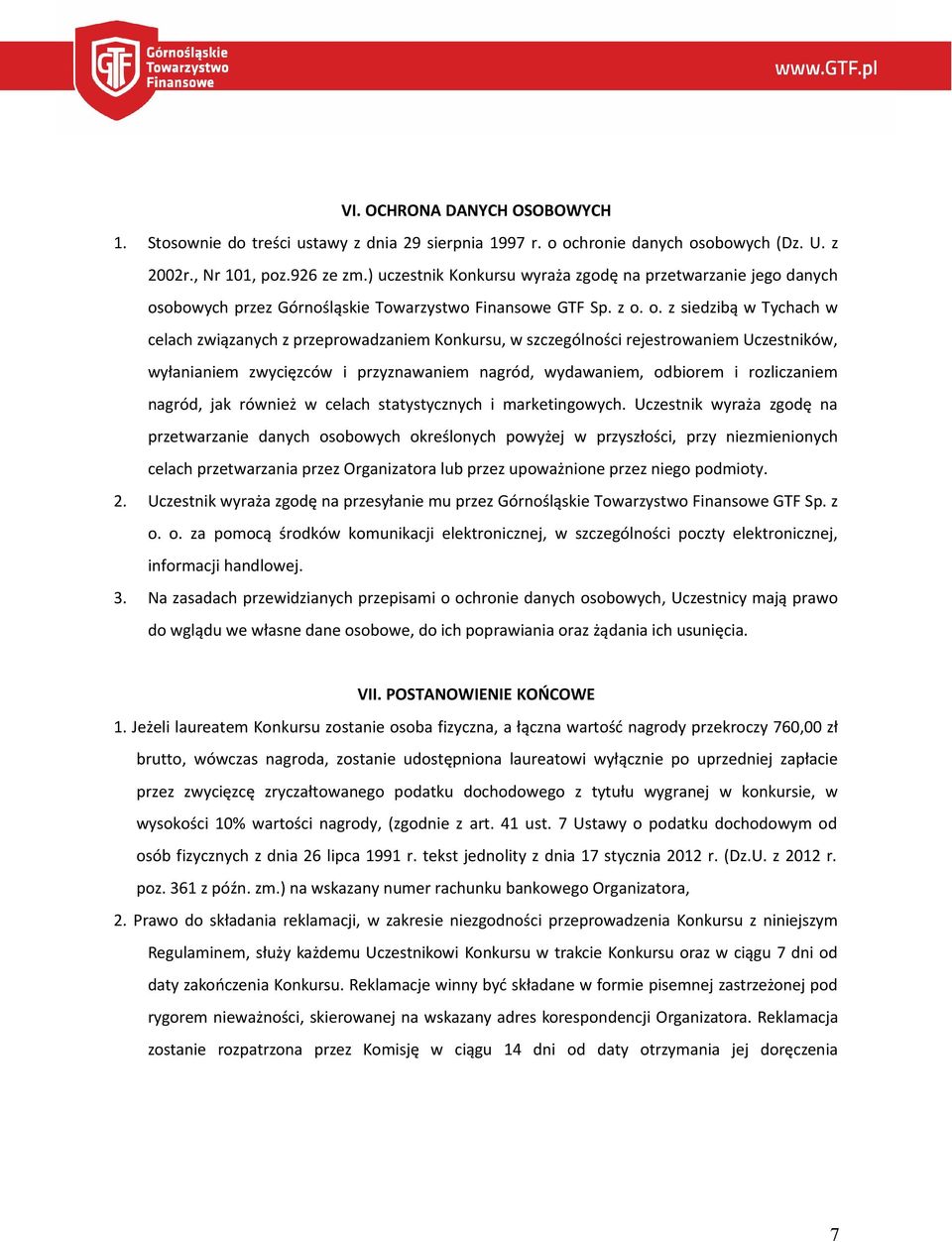 obowych przez Górnośląskie Towarzystwo Finansowe GTF Sp. z o.