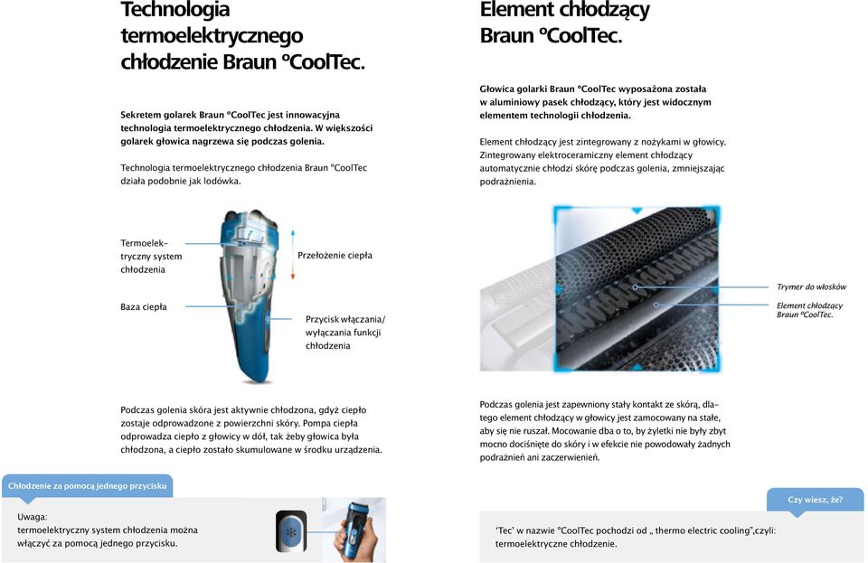Głowica golarki Braun ºCoolTec wyposażona została w aluminiowy pasek chłodzący, który jest widocznym elementem technologii chłodzenia. Element chłodzący jest zintegrowany z nożykami w głowicy.