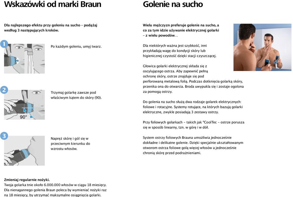 Dla niektórych ważna jest szybkość, inni przykładają wagę do kondycji skóry lub higienicznej czystość dzięki stacji czyszczącej. 2 Trzymaj golarkę zawsze pod właściwym kątem do skóry (90).
