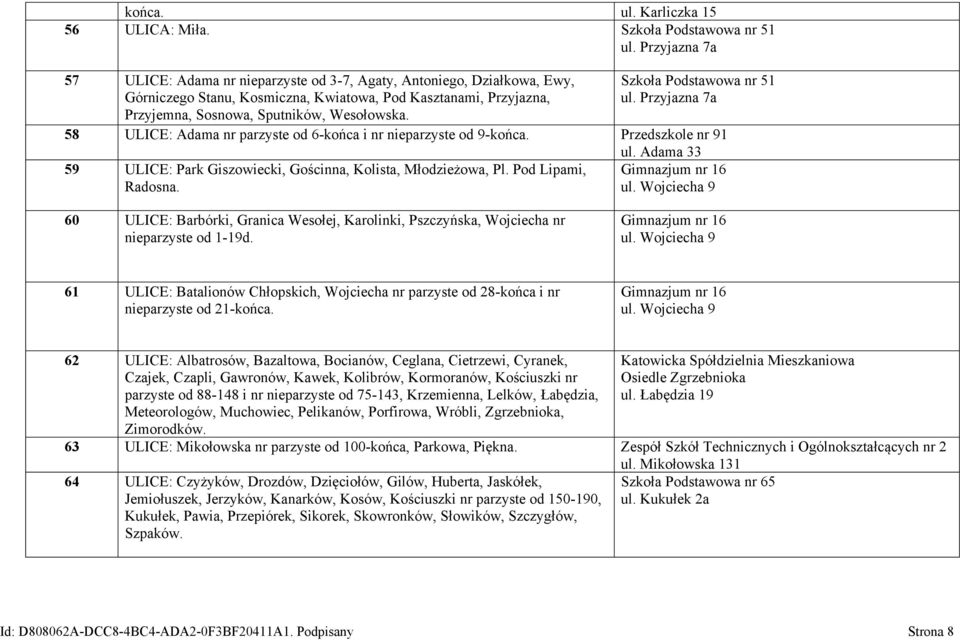 Szkoła Podstawowa nr 51 ul. Przyjazna 7a 58 ULICE: Adama nr parzyste od 6-końca i nr nieparzyste od 9-końca. Przedszkole nr 91 ul.