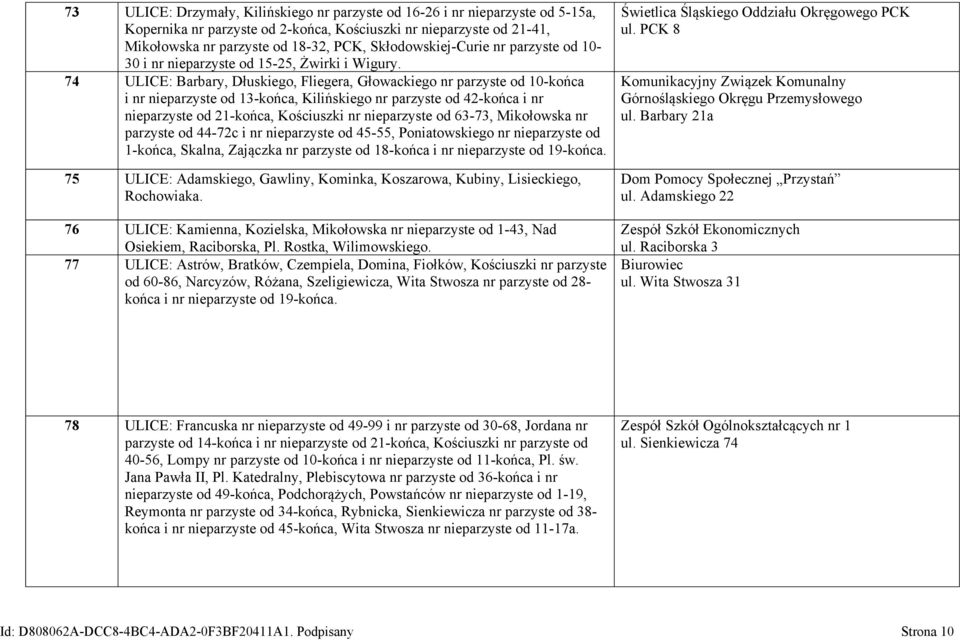 74 ULICE: Barbary, Dłuskiego, Fliegera, Głowackiego nr parzyste od 10-końca i nr nieparzyste od 13-końca, Kilińskiego nr parzyste od 42-końca i nr nieparzyste od 21-końca, Kościuszki nr nieparzyste