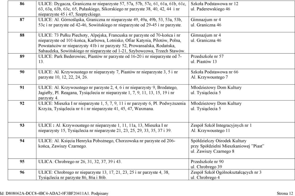 88 ULICE: 73 Pułku Piechoty, Alpejska, Francuska nr parzyste od 70-końca i nr nieparzyste od 101-końca, Karbowa, Lotnisko, Ofiar Katynia, Pilotów, Polna, Powstańców nr nieparzysty 41b i nr parzysty