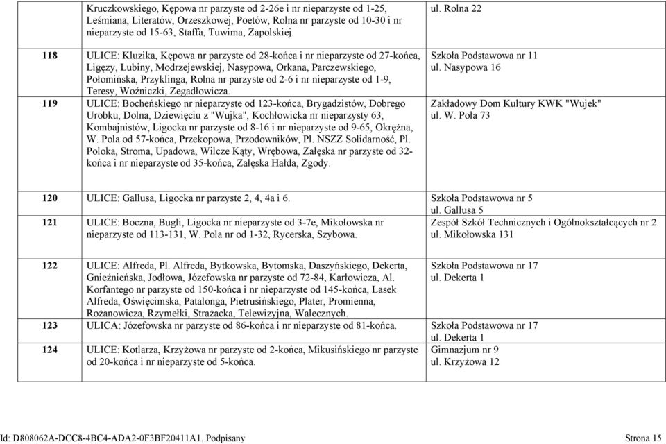 nieparzyste od 1-9, Teresy, Woźniczki, Zegadłowicza.