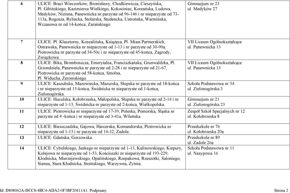 Warmińska, Wczasowa nr od 14-końca, Zarańskiego. Gimnazjum nr 23 ul. Medyków 27 7 ULICE: Pl. Klasztorny, Koszalińska, Książęca, Pl.