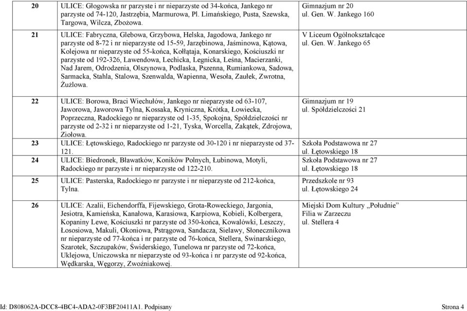 Konarskiego, Kościuszki nr parzyste od 192-326, Lawendowa, Lechicka, Legnicka, Leśna, Macierzanki, Nad Jarem, Odrodzenia, Olszynowa, Podlaska, Pszenna, Rumiankowa, Sadowa, Sarmacka, Stahla, Stalowa,