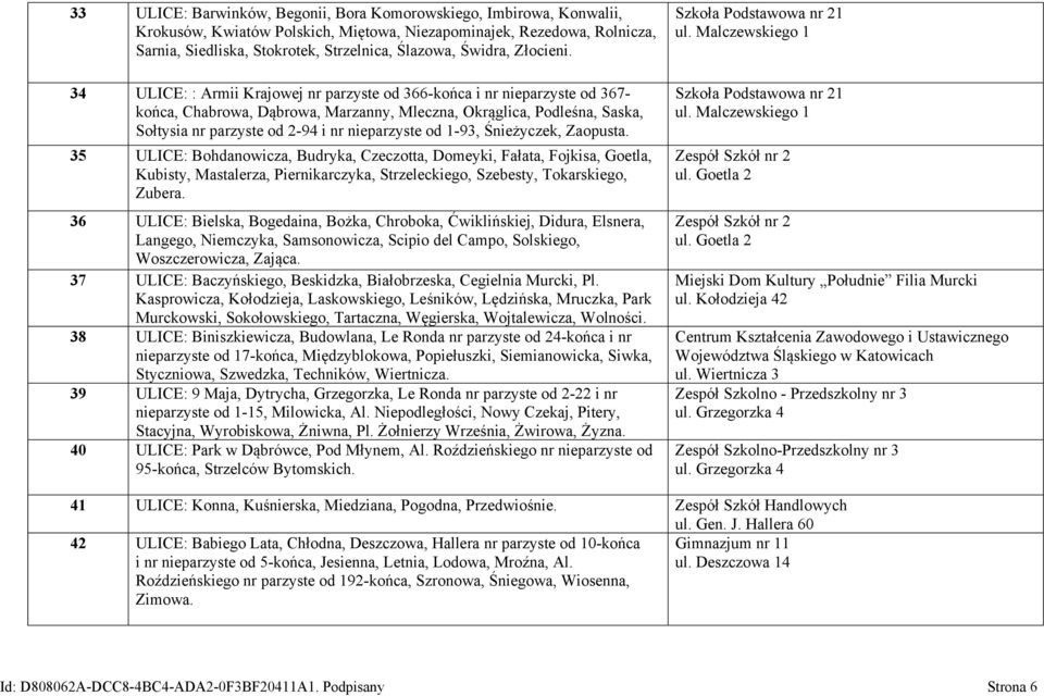 34 ULICE: : Armii Krajowej nr parzyste od 366-końca i nr nieparzyste od 367- końca, Chabrowa, Dąbrowa, Marzanny, Mleczna, Okrąglica, Podleśna, Saska, Sołtysia nr parzyste od 2-94 i nr nieparzyste od