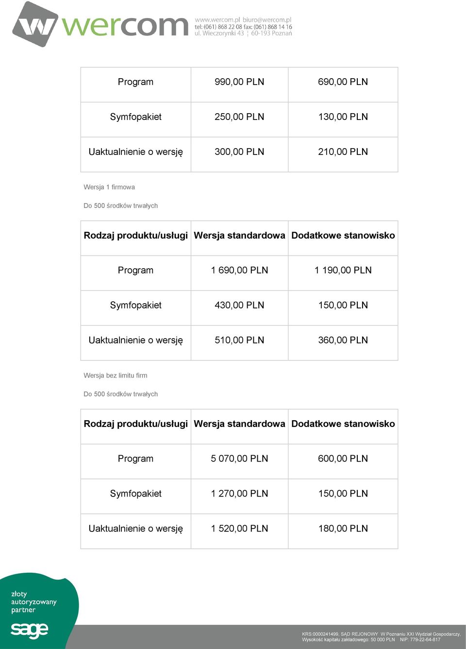 150,00 PLN Uaktualnienie o wersję 510,00 PLN 360,00 PLN Do 500 środków trwałych Program 5