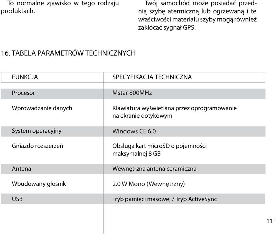 16. TABELA PARAMETRÓW TECHNICZNYCH FUNKCJA Procesor Wprowadzanie danych System operacyjny Gniazdo rozszerzeń Antena Wbudowany głośnik USB USB SPECYFIKACJA TECHNICZNA