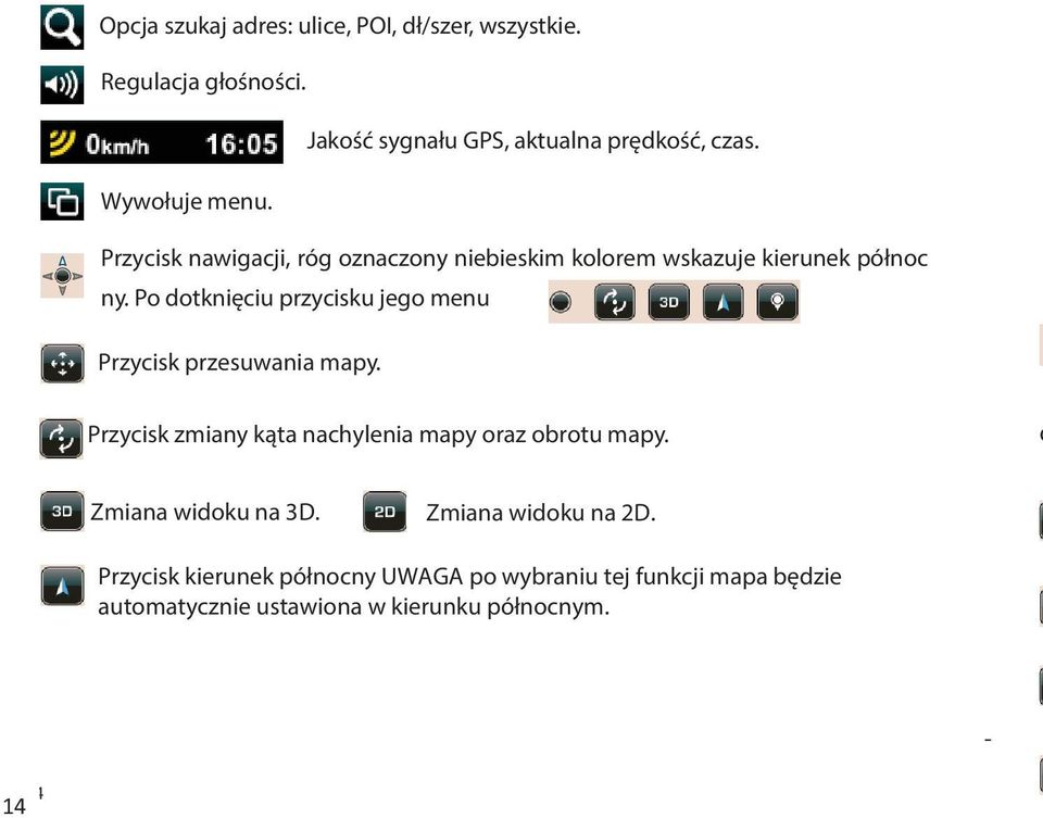 Po dotknięciu przycisku jego menu Przycisk przesuwania mapy. Przycisk zmiany kąta nachylenia mapy oraz obrotu mapy.